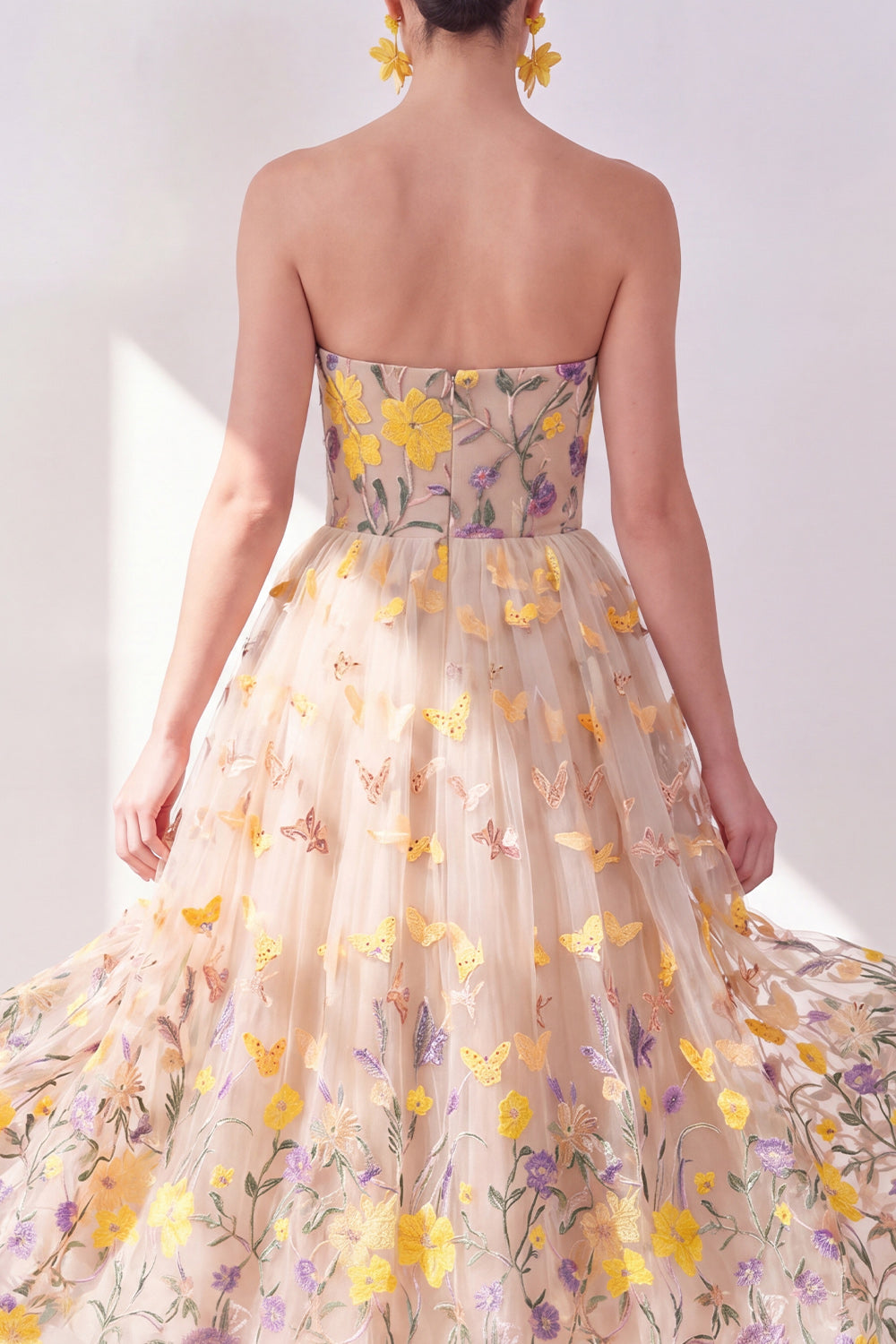 Apricot Strapless Floral A Line Maxi Wedding Guest Dress