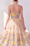 Apricot Strapless Floral A Line Maxi Wedding Guest Dress