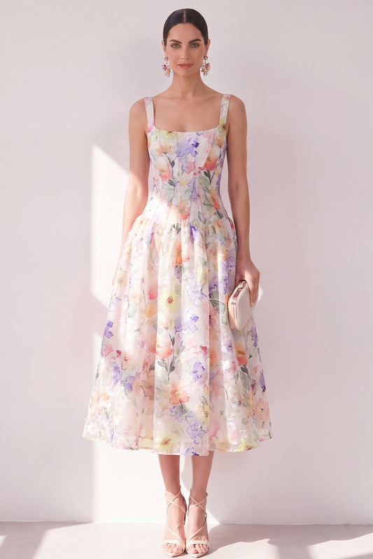 White Purple Flower Corset A Line Maxi Beach Wedding Guest Dress