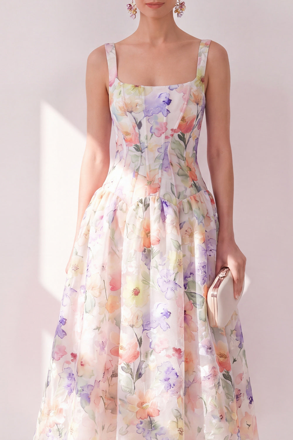 White Purple Flower Corset A Line Maxi Beach Wedding Guest Dress