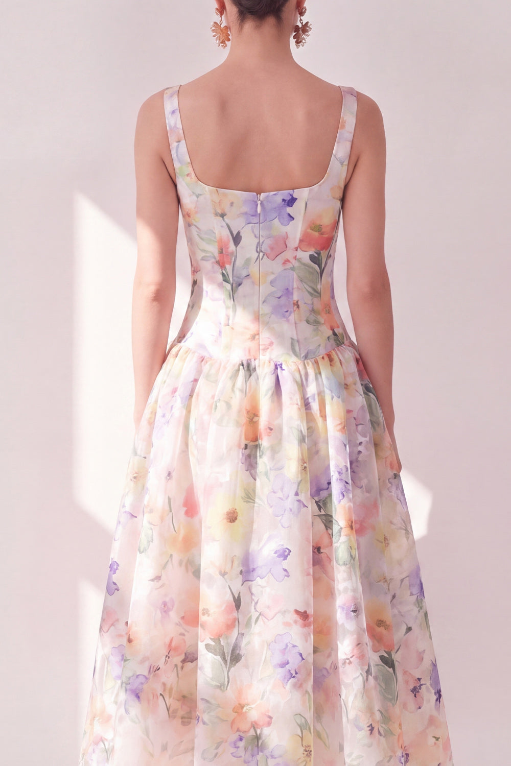 White Purple Flower Corset A Line Maxi Beach Wedding Guest Dress