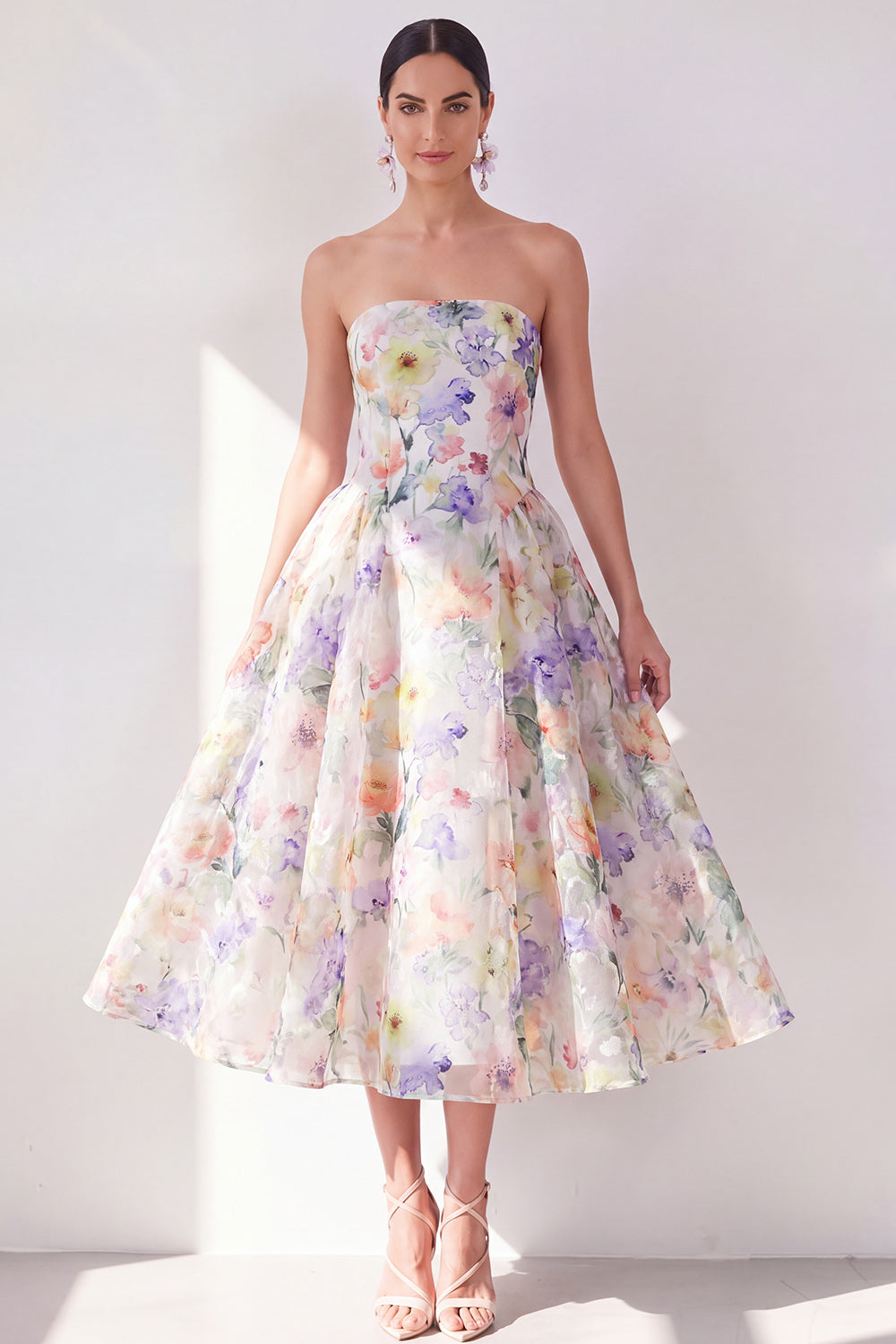 White Purple Flower Strapless A Line Maxi Beach Wedding Guest Dress