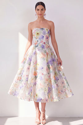White Purple Flower Strapless A Line Maxi Beach Wedding Guest Dress