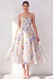 White Purple Flower Strapless A Line Maxi Beach Wedding Guest Dress