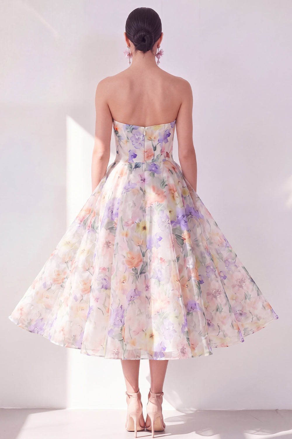 White Purple Flower Strapless A Line Maxi Beach Wedding Guest Dress