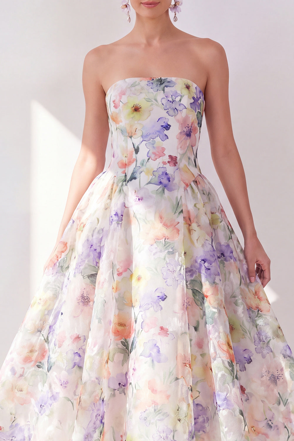 White Purple Flower Strapless A Line Maxi Beach Wedding Guest Dress