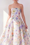 White Purple Flower Strapless A Line Maxi Beach Wedding Guest Dress