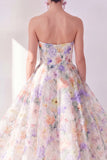 White Purple Flower Strapless A Line Maxi Beach Wedding Guest Dress