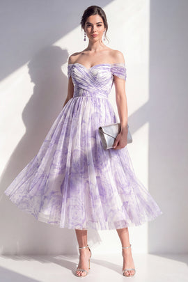 Lilac Off the Shoulder Ruched Floral A Line Maxi Beach Wedding Guest Dress