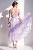 Lilac Off the Shoulder Ruched Floral A Line Maxi Beach Wedding Guest Dress