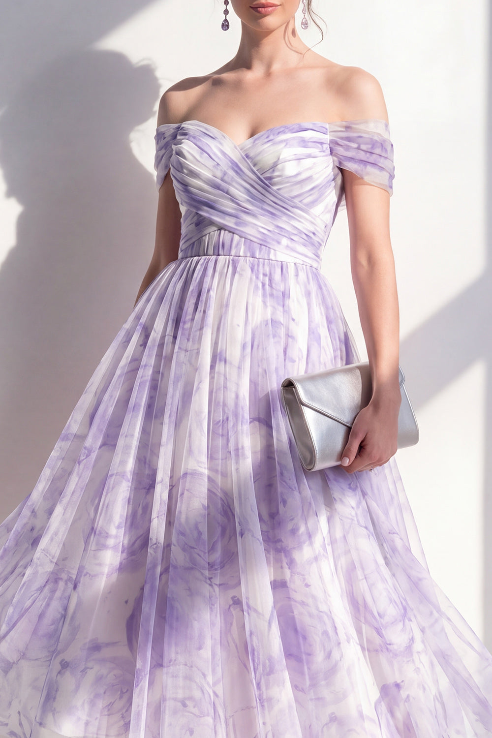 Lilac Off the Shoulder Ruched Floral A Line Maxi Beach Wedding Guest Dress