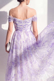 Lilac Off the Shoulder Ruched Floral A Line Maxi Beach Wedding Guest Dress