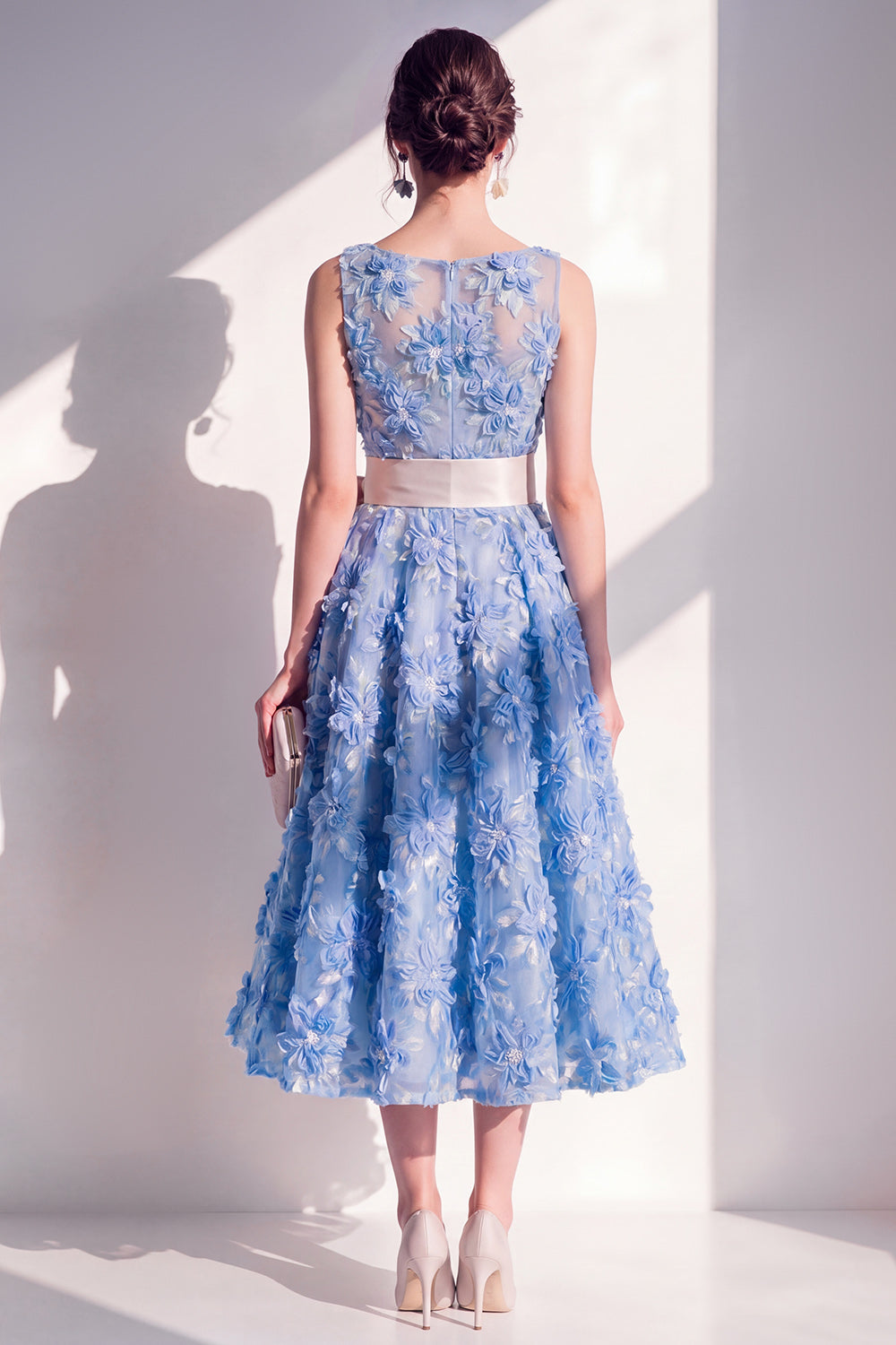 Purple Boat Neck Floral A Line Maxi Wedding Guest Dress with Bow