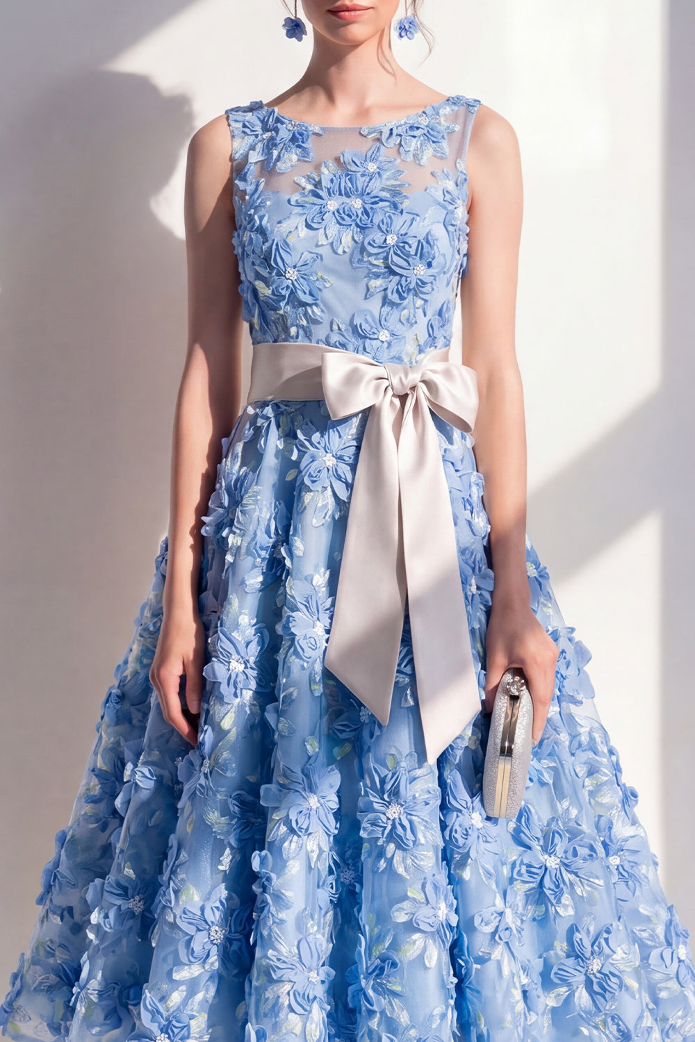 Purple Boat Neck Floral A Line Maxi Wedding Guest Dress with Bow