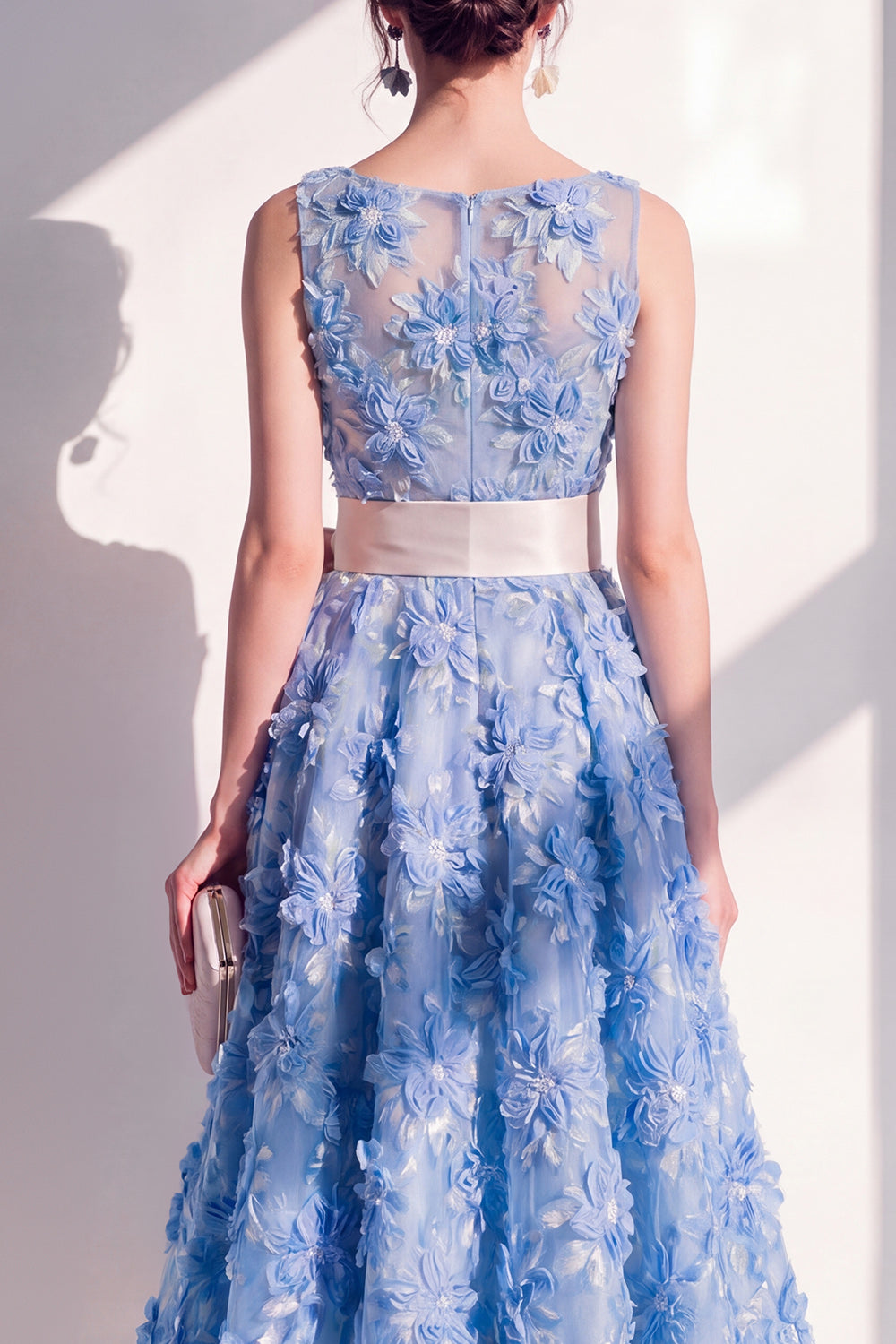 Purple Boat Neck Floral A Line Maxi Wedding Guest Dress with Bow