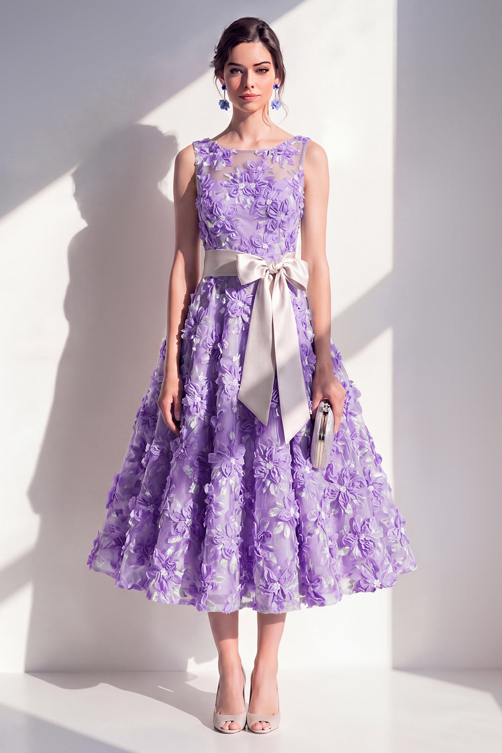 Purple Boat Neck Floral A Line Maxi Wedding Guest Dress with Bow