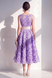Purple Boat Neck Floral A Line Maxi Wedding Guest Dress with Bow
