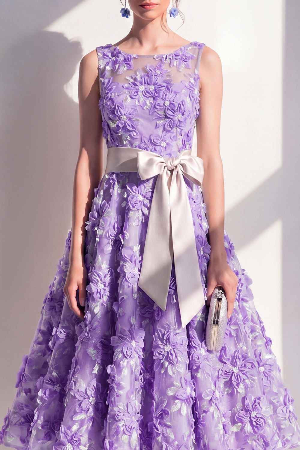 Purple Boat Neck Floral A Line Maxi Wedding Guest Dress with Bow