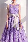 Purple Boat Neck Floral A Line Maxi Wedding Guest Dress with Bow