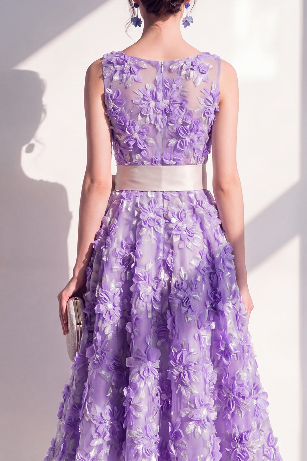Purple Boat Neck Floral A Line Maxi Wedding Guest Dress with Bow