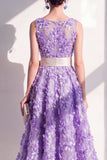 Purple Boat Neck Floral A Line Maxi Wedding Guest Dress with Bow