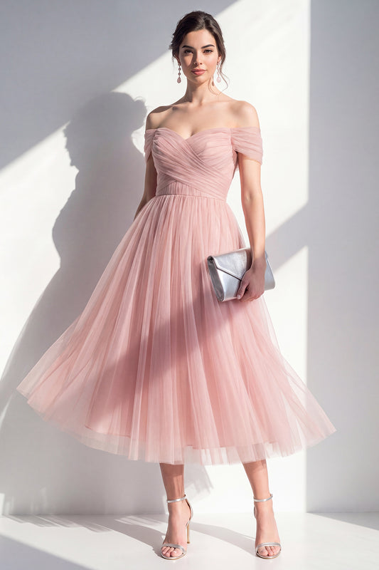 Blush Off the Shoulder Ruched A Line Maxi Wedding Guest Dress