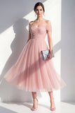 Blush Off the Shoulder Ruched A Line Maxi Wedding Guest Dress
