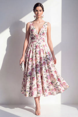 Blush V-Neck Ruched A Line Floral Maxi Beach Wedding Guest Dress