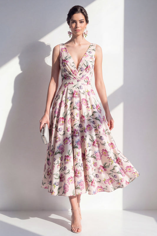 Blush V-Neck Ruched A Line Floral Maxi Beach Wedding Guest Dress