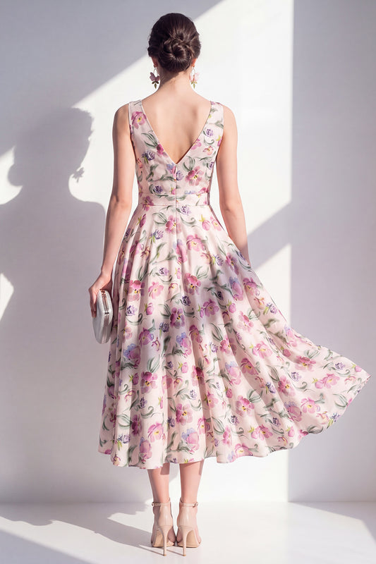 Blush V-Neck Ruched A Line Floral Maxi Beach Wedding Guest Dress