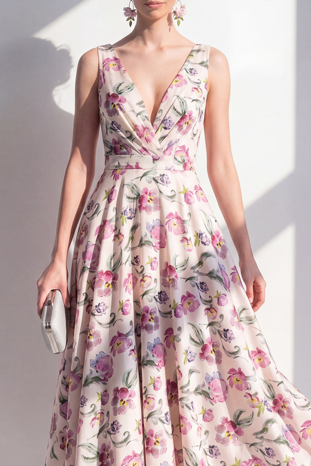 Blush V-Neck Ruched A Line Floral Maxi Beach Wedding Guest Dress