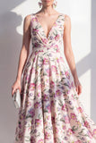 Blush V-Neck Ruched A Line Floral Maxi Beach Wedding Guest Dress