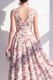 Blush V-Neck Ruched A Line Floral Maxi Beach Wedding Guest Dress