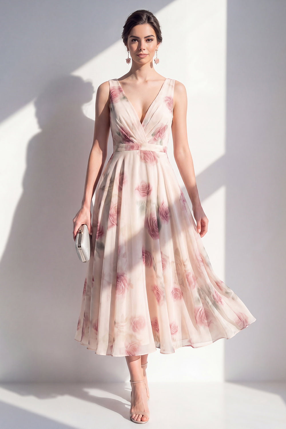 A Line Floral Blush V-Neck Ruched Maxi Beach Wedding Guest Dress
