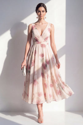 A Line Floral Blush V-Neck Ruched Maxi Beach Wedding Guest Dress