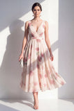 A Line Floral Blush V-Neck Ruched Maxi Beach Wedding Guest Dress