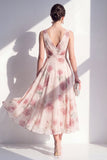 A Line Floral Blush V-Neck Ruched Maxi Beach Wedding Guest Dress