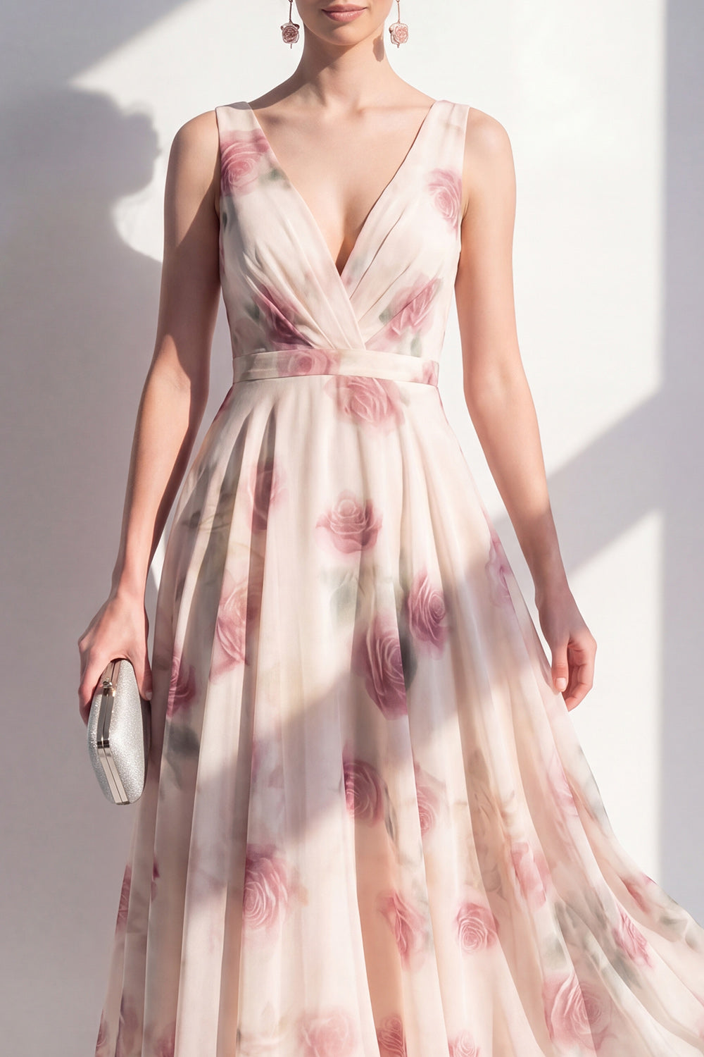 A Line Floral Blush V-Neck Ruched Maxi Beach Wedding Guest Dress
