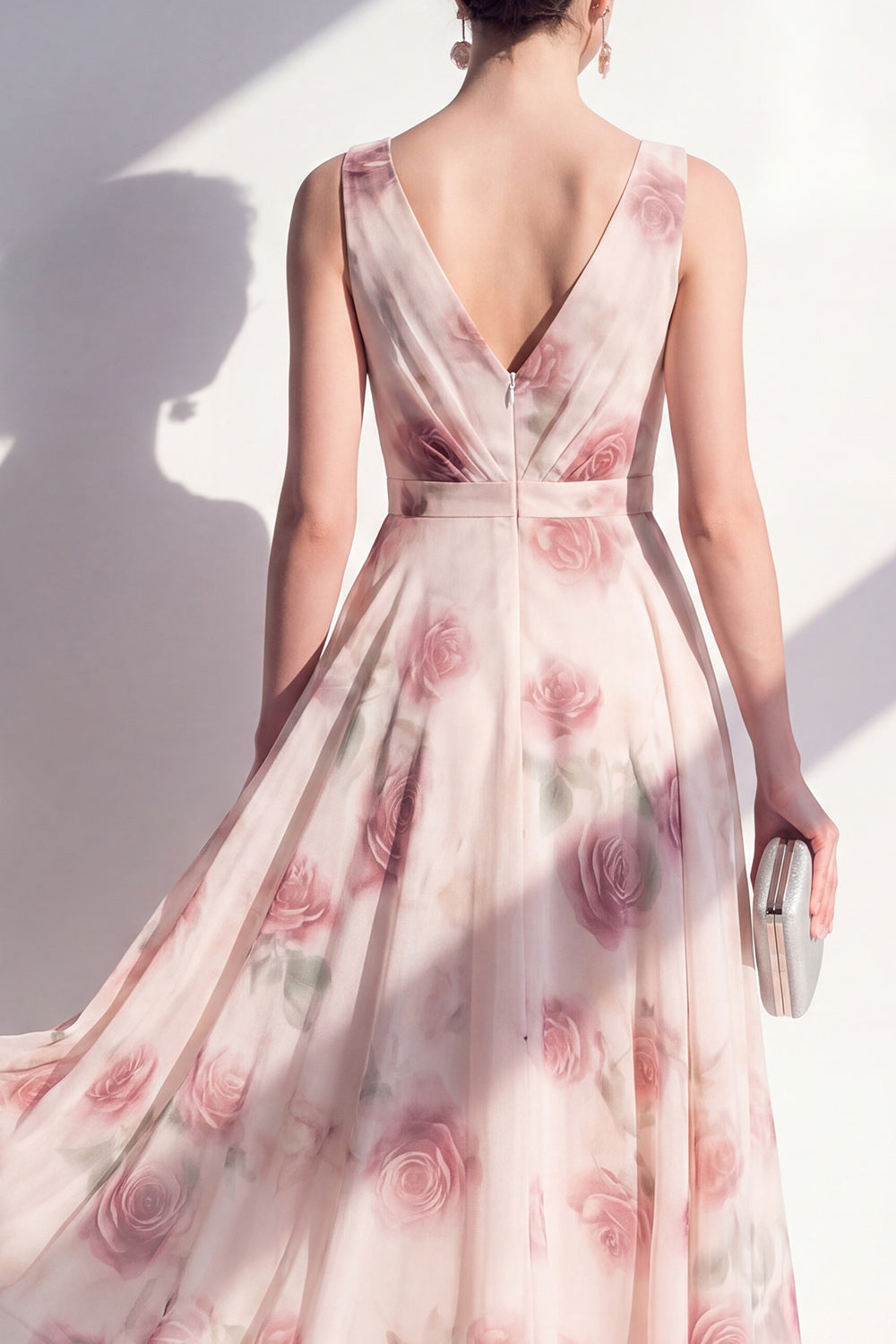A Line Floral Blush V-Neck Ruched Maxi Beach Wedding Guest Dress