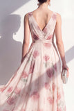 A Line Floral Blush V-Neck Ruched Maxi Beach Wedding Guest Dress