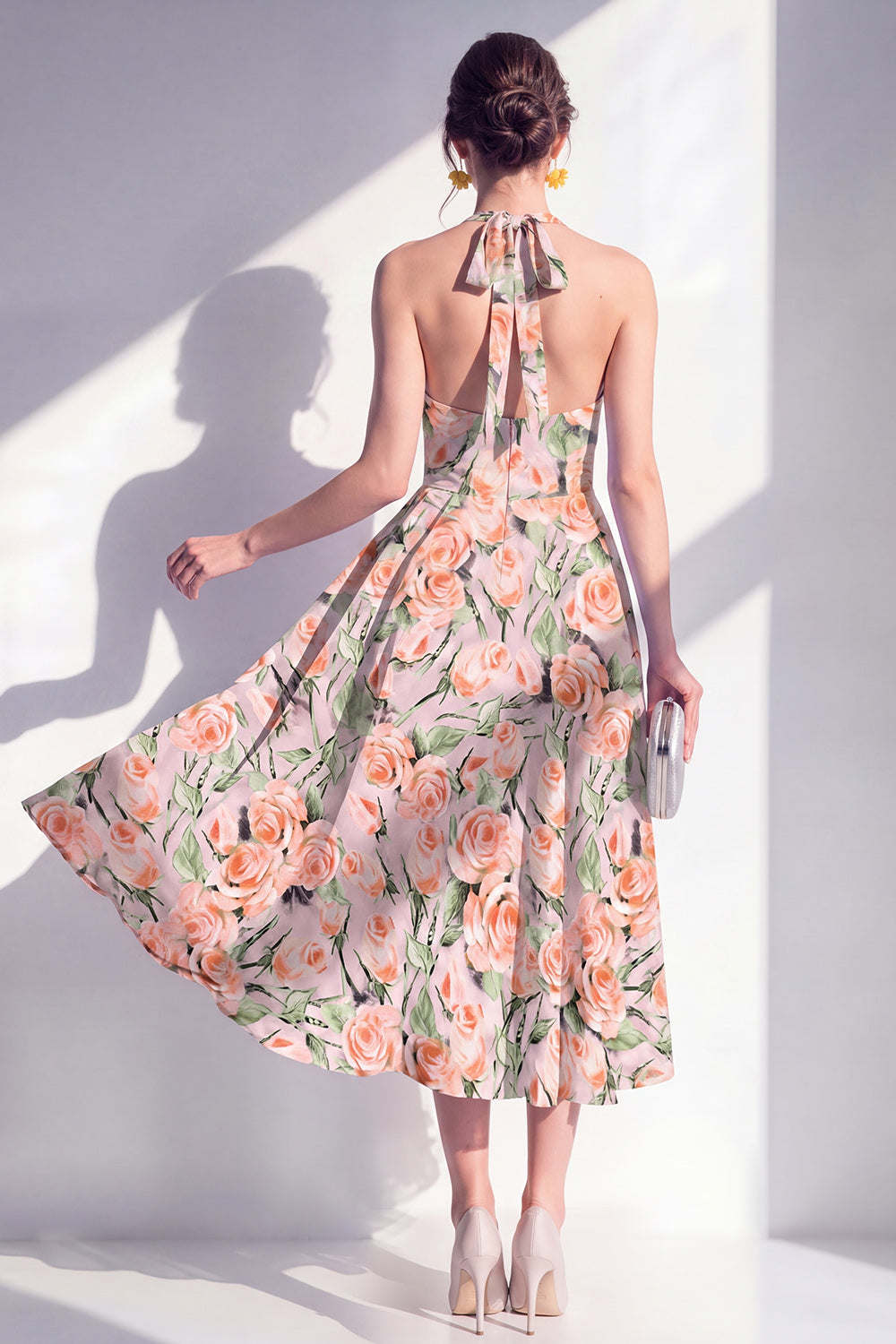 Pink Flower Halter A Line Maxi Beach Wedding Guest Dress