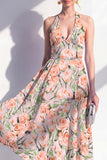 Pink Flower Halter A Line Maxi Beach Wedding Guest Dress