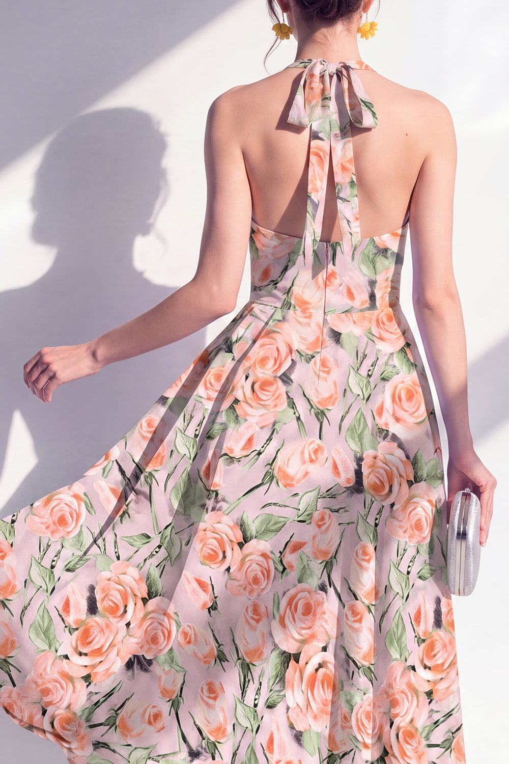 Pink Flower Halter A Line Maxi Beach Wedding Guest Dress