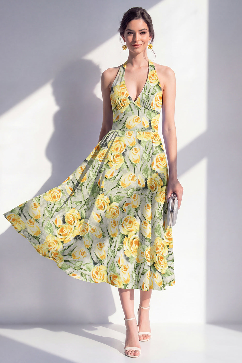 Pink Flower Halter A Line Maxi Beach Wedding Guest Dress