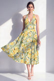 Pink Flower Halter A Line Maxi Beach Wedding Guest Dress
