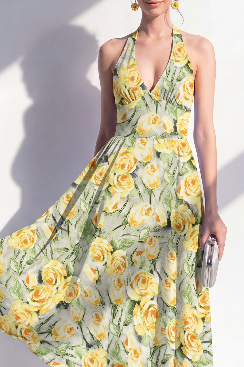 Pink Flower Halter A Line Maxi Beach Wedding Guest Dress