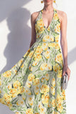 Pink Flower Halter A Line Maxi Beach Wedding Guest Dress