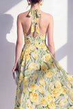 Pink Flower Halter A Line Maxi Beach Wedding Guest Dress