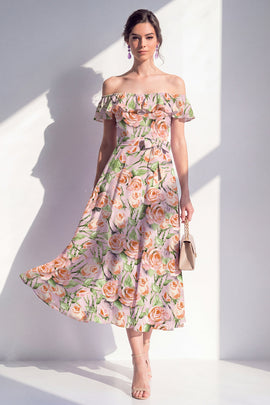 Maxi Pink Flower A Line Beach Wedding Guest Dress with Ruffles