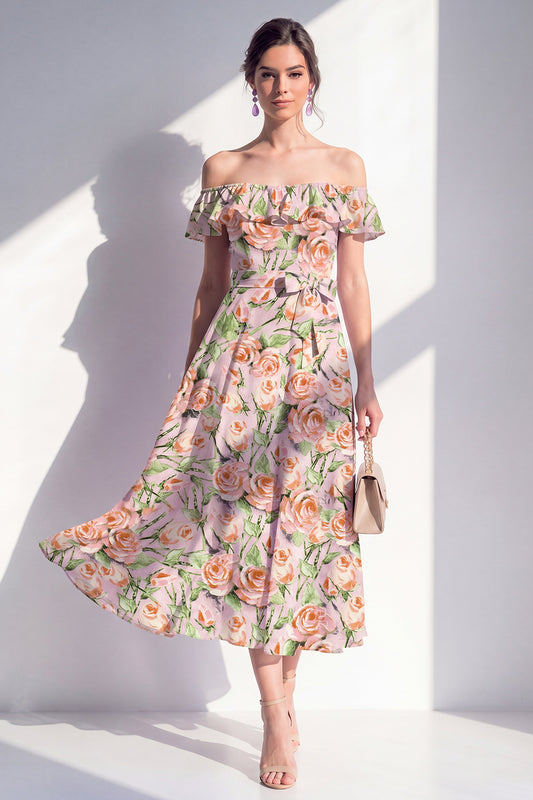 Maxi Pink Flower A Line Beach Wedding Guest Dress with Ruffles